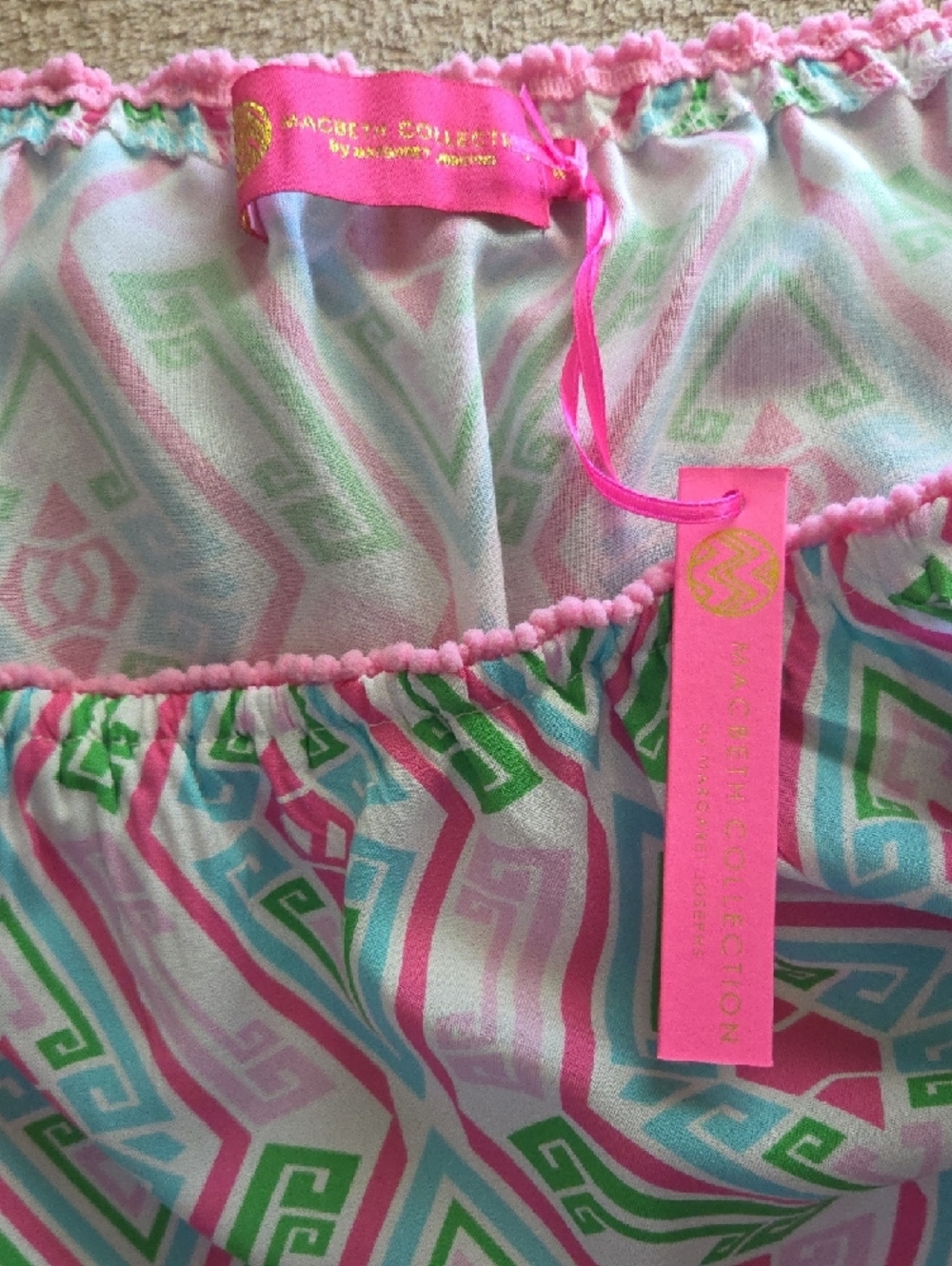 Macbeth Collection by Margaret Josephs Pink, Green & White Off-Shoulder Romper - Picture 6 of 6